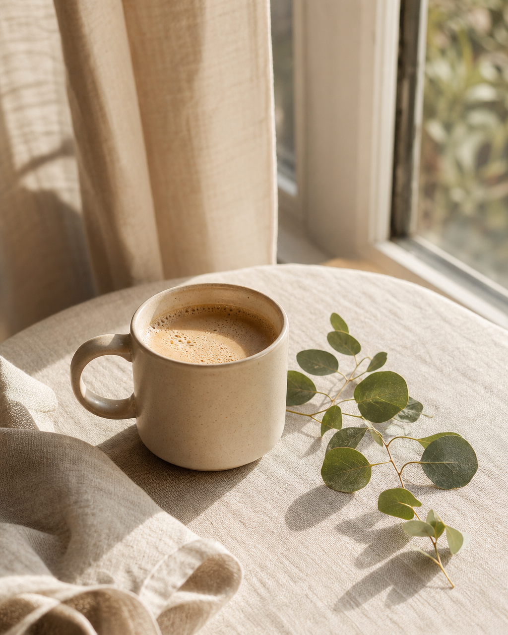 Tyler Bost enjoying a quiet moment with a cup of coffee in warm morning light