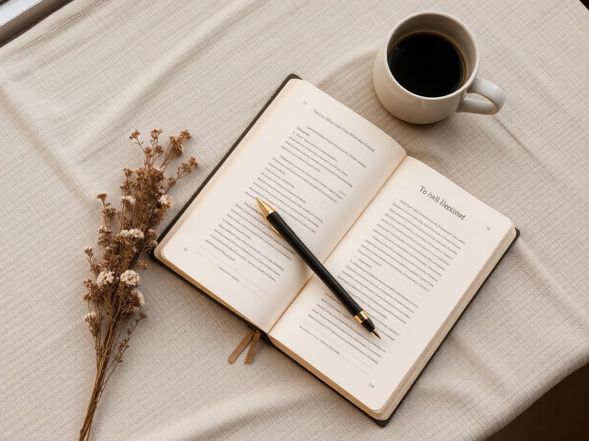 An open journal and pen beside a cup of coffee on linen