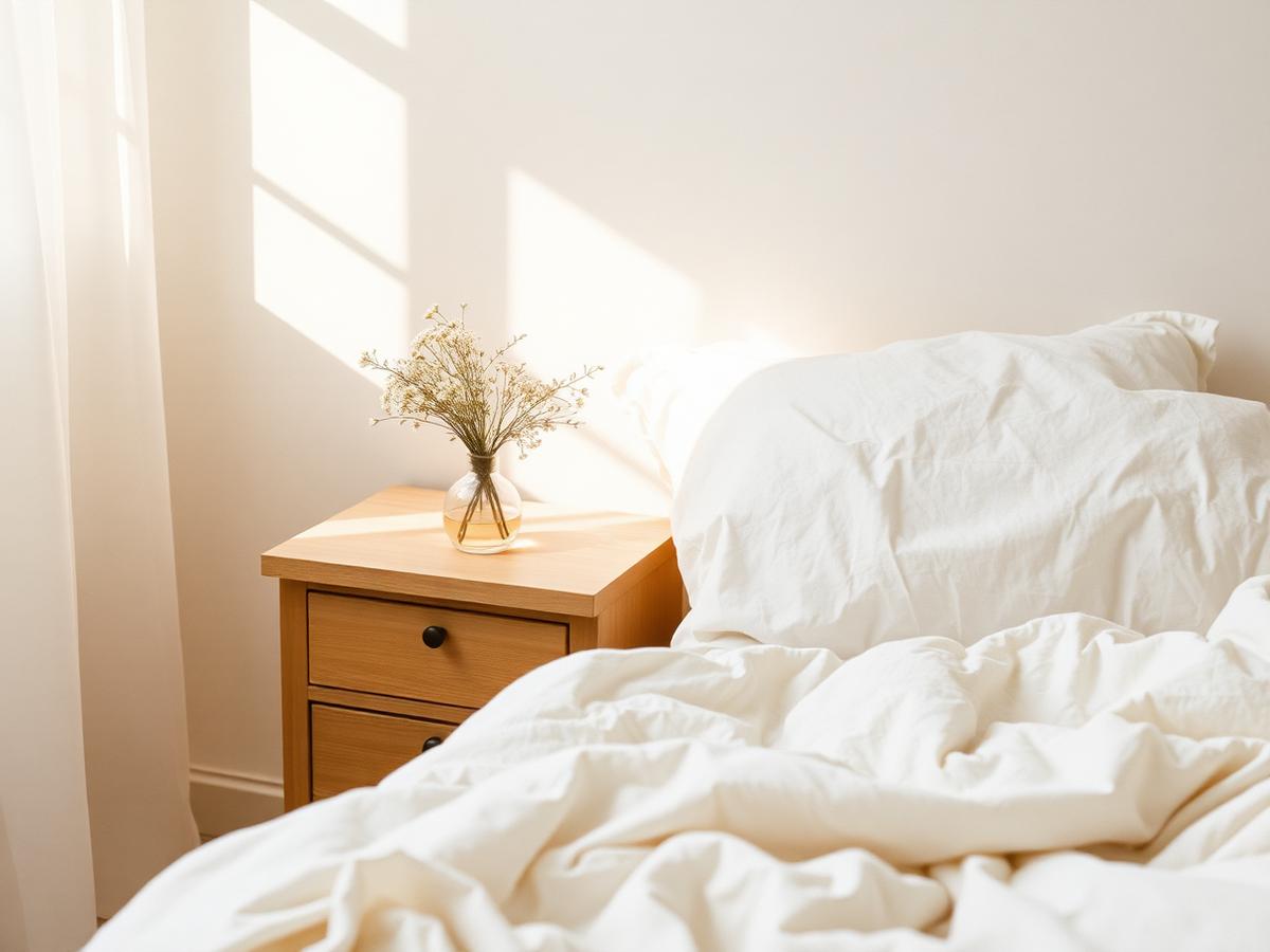 Soft morning light across linen bedding and wildflowers