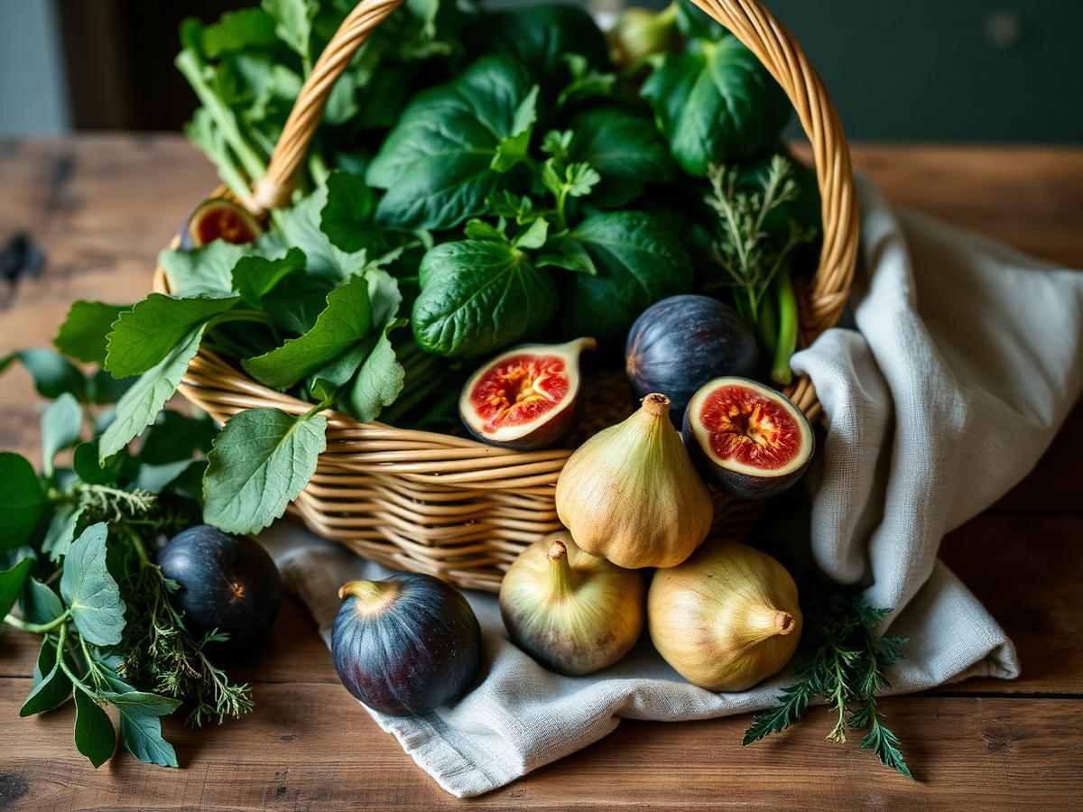 Fresh produce and herbs in a woven basket on a wooden table
