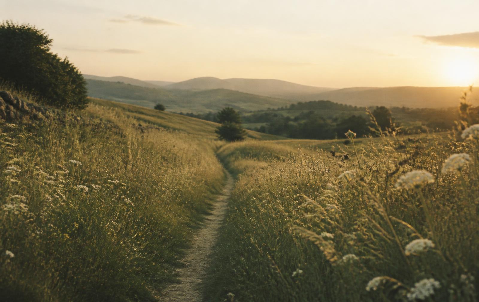 A walking path winding through a golden meadow at dusk