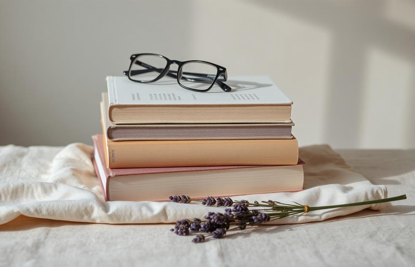 A stack of books, reading glasses, and dried lavender on linen